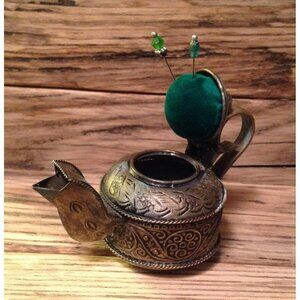 VTG Mini Silver Kettle Upcycled to Pin Cushion Green Velvet Fabric with Mini Pin
